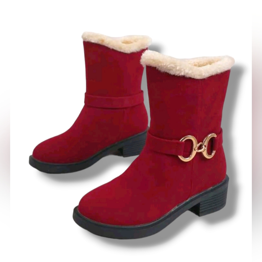 NIB Suedette Snowboots, Red with Gold Decorative Buckle, Santa Style Winter Boot